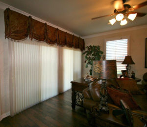 Hunter Douglas Luminette with Power Glide motorization on the window panels from the living room